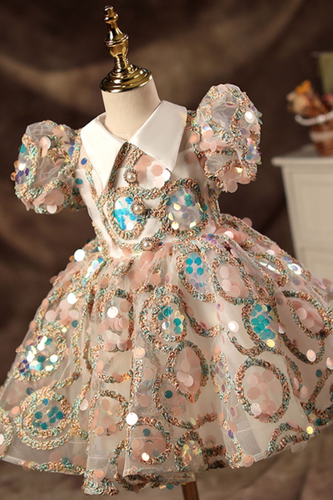 Princess Collared Neck Tea Length Sequined Flower Girl Dress colorful