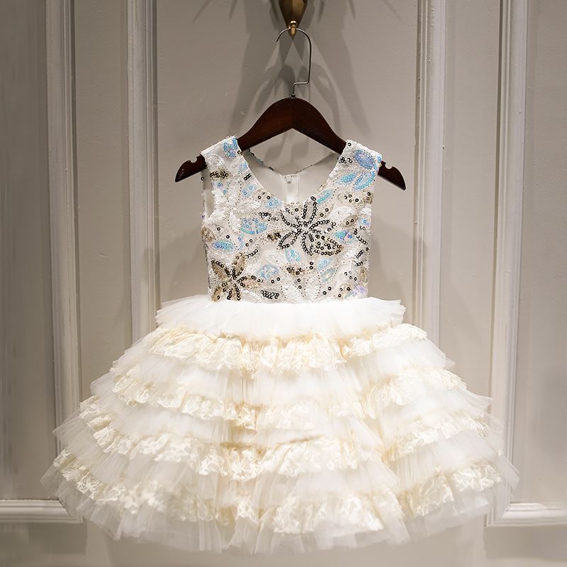 Prinzessin Scoop Wadenlang Tüll Blumenmädchenkleider in Weiß