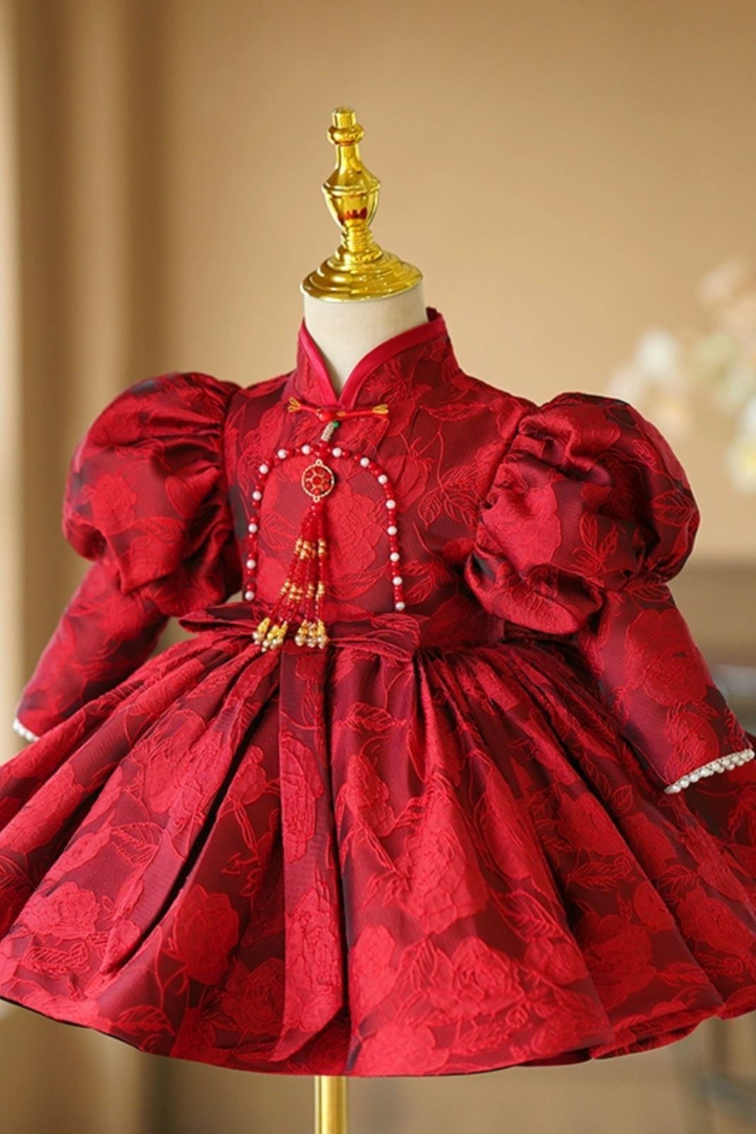 Prinzessin Runden Wadenlang Satin Blumenmädchenkleider Burgundrot