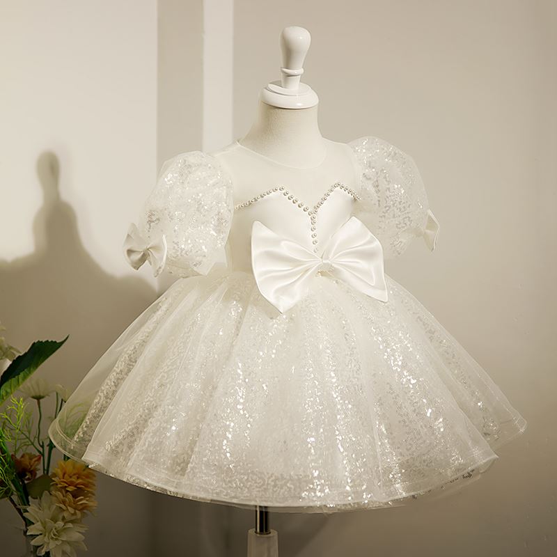 Prinzessin Runden Wadenlang Satin Blumenmädchenkleider in Weiß