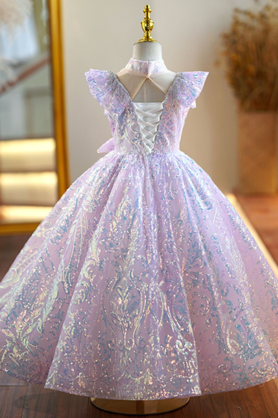 Prinzessin Bodenlang Pailletten Blumenmädchenkleider in Lila
