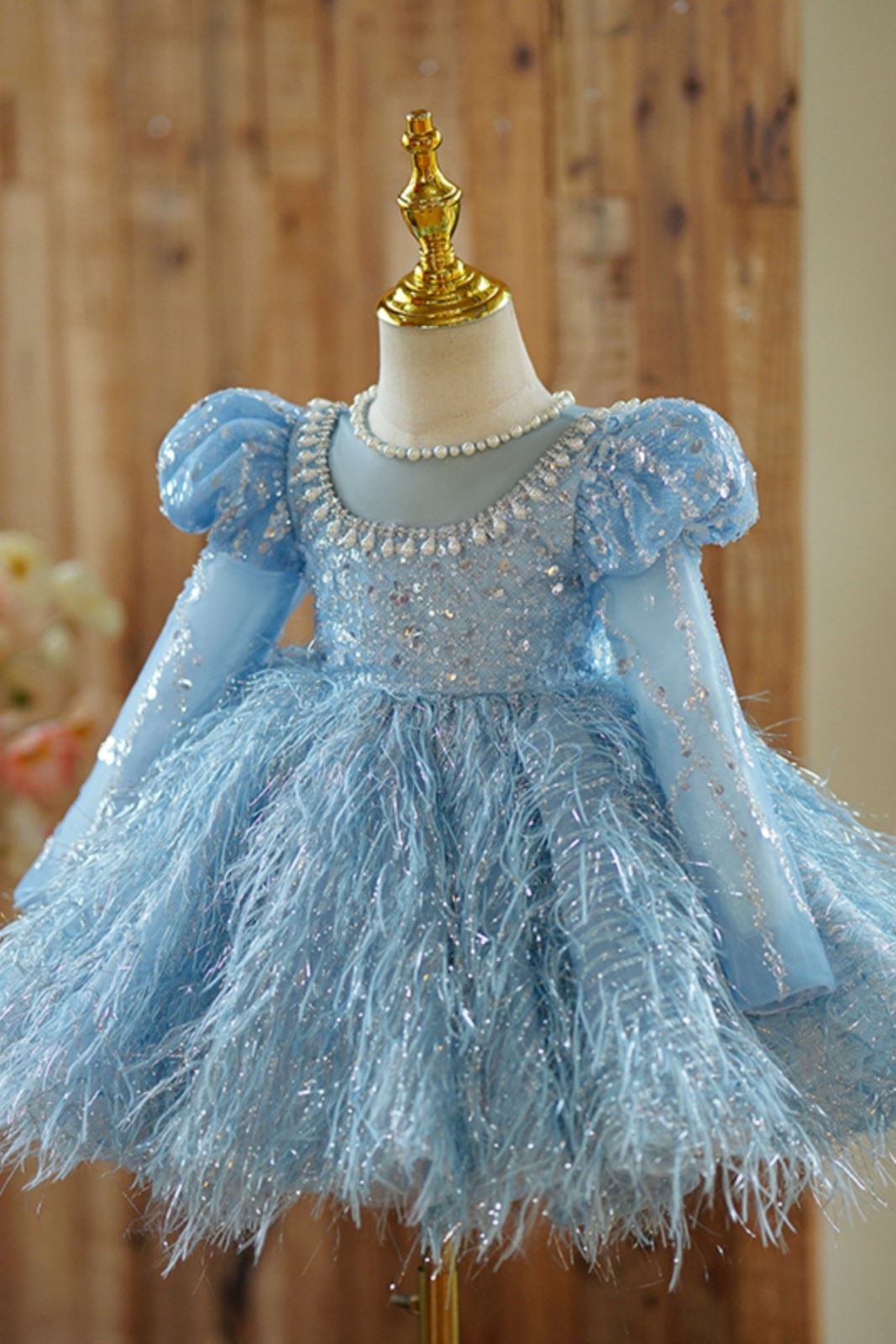 Prinzessin Juwelenhals Wadenlang Tüll Blumenmädchenkleider in Blau