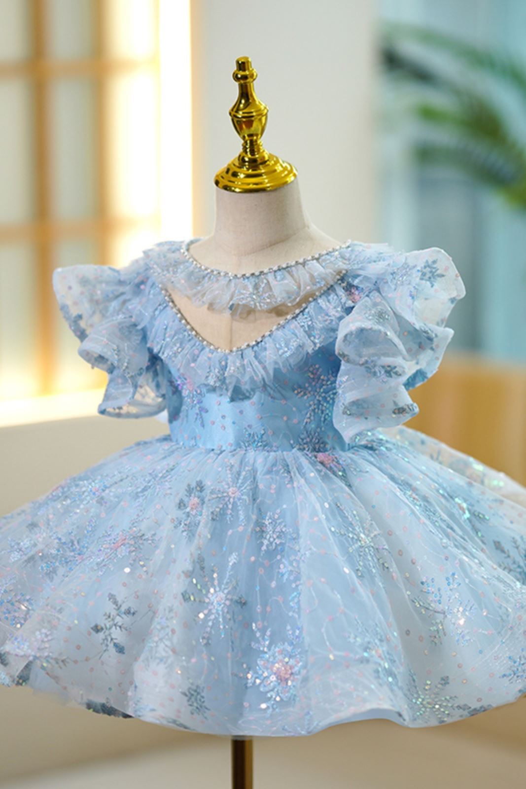 Prinzessin Runden Wadenlang Pailletten Blumenmädchenkleider in Blau