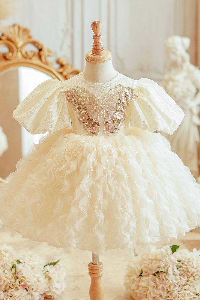 Prinzessin Runden Wadenlang Satin Blumenmädchenkleider in Champagner