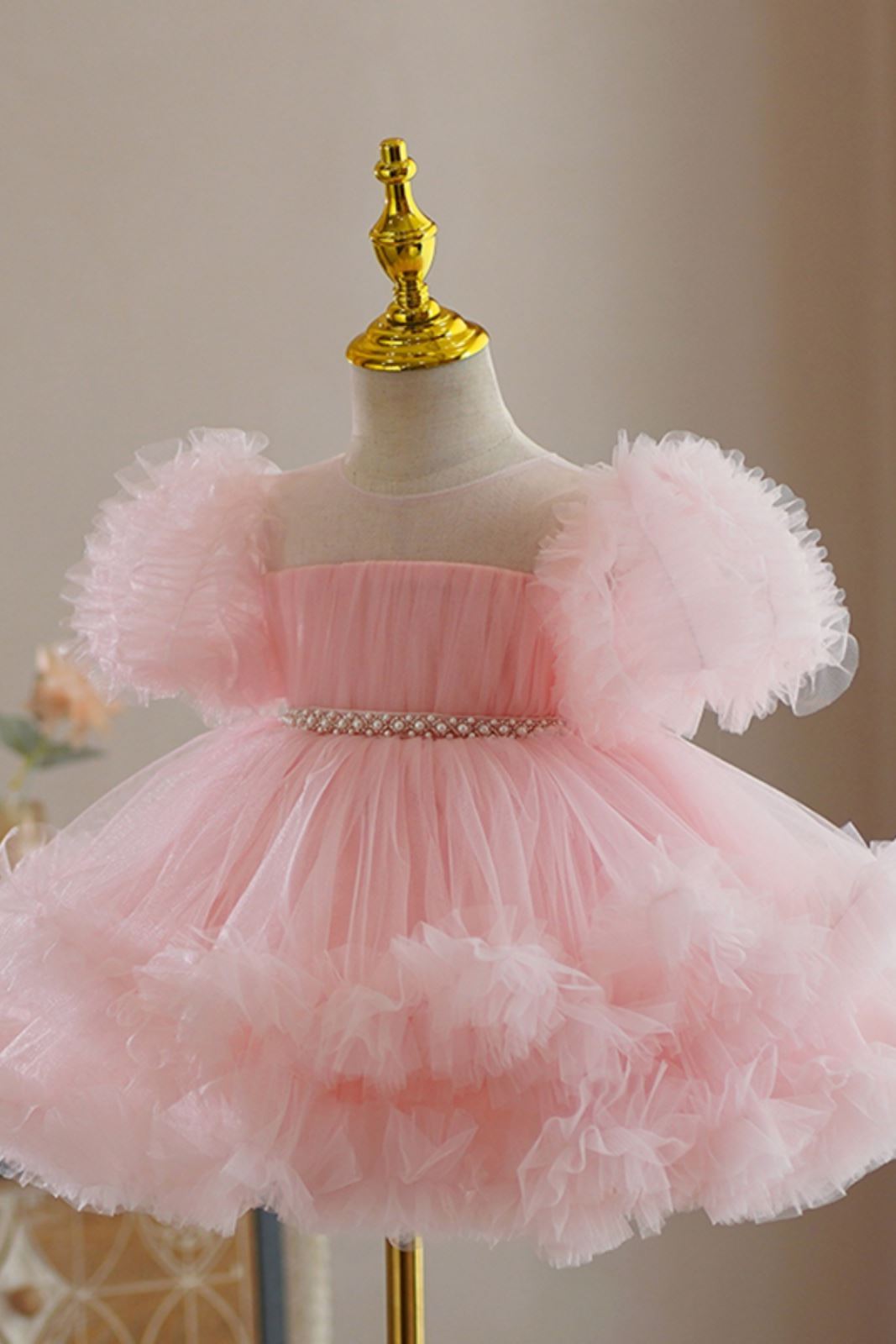 Prinzessin Runden Wadenlang Tüll Blumenmädchenkleider in Rosa