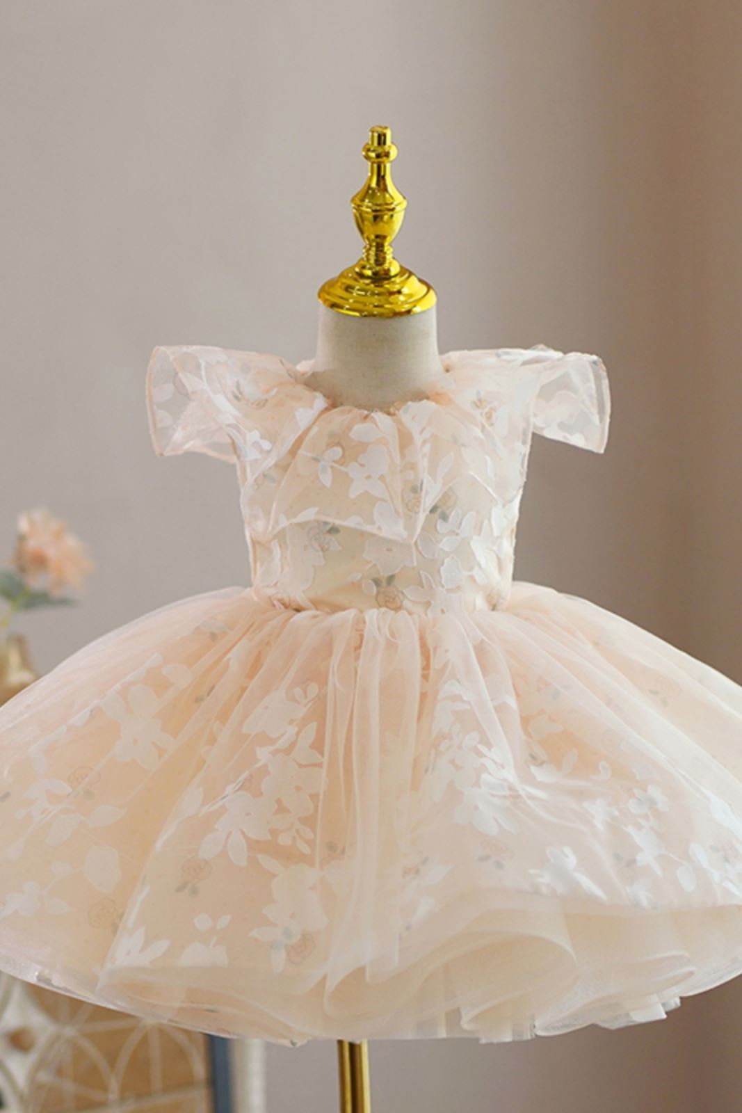 Prinzessin Runden Wadenlang Organza Blumenmädchenkleider in Champagner