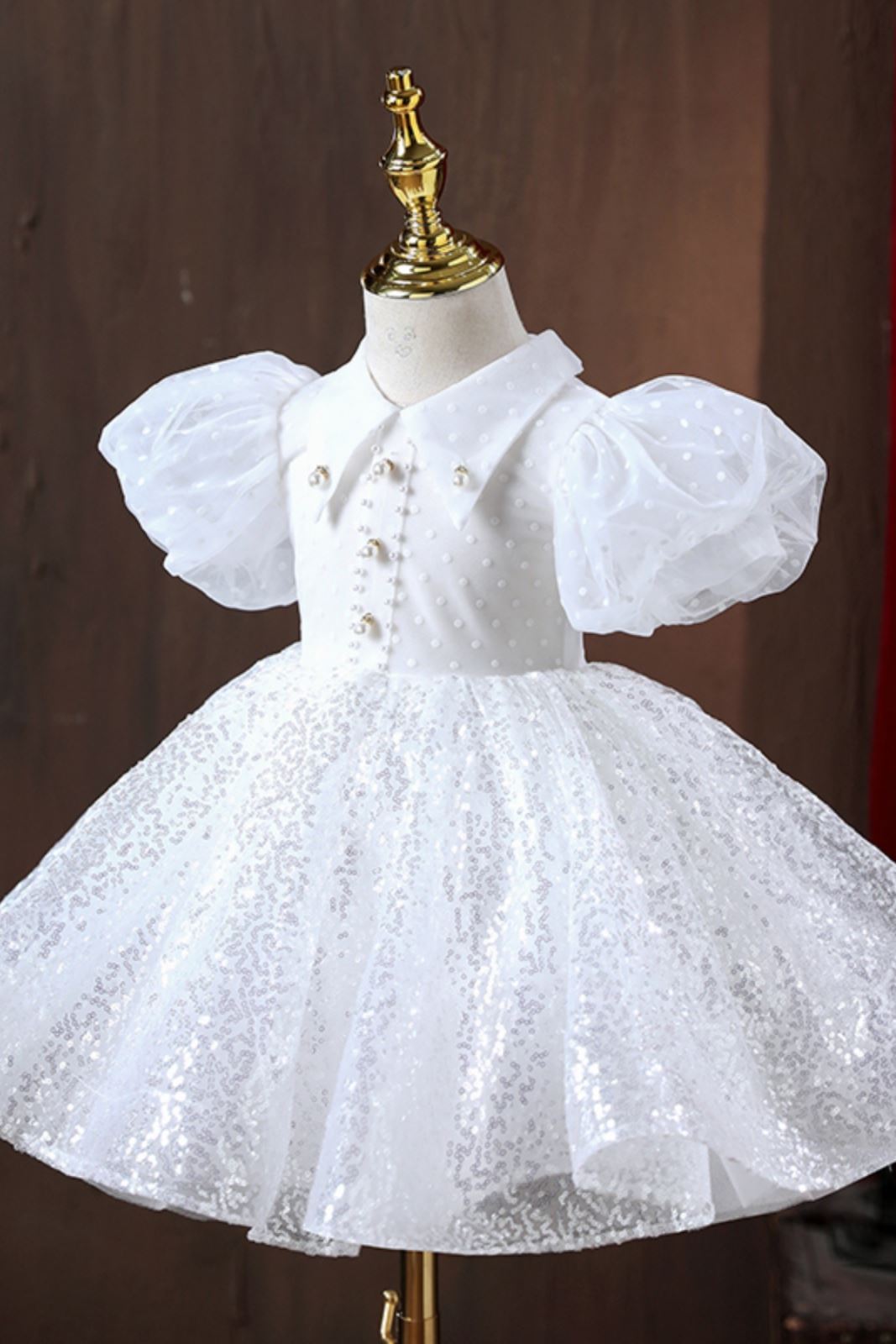 Prinzessin Kragenhals Wadenlang Pailletten Blumenmädchenkleider Weiß