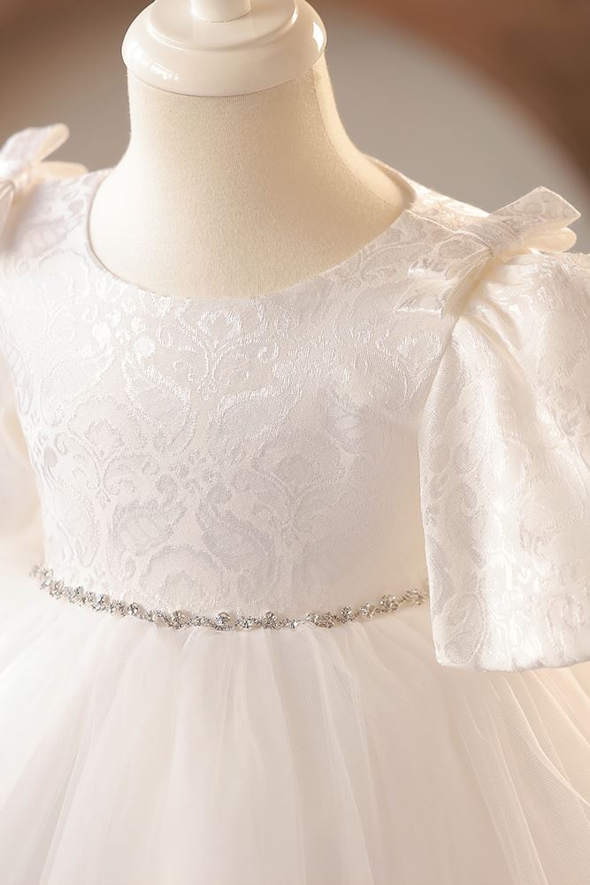 Prinzessin Runden Wadenlang Spitze Blumenmädchenkleider in Weiß