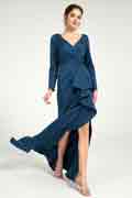 V-Neck Ruched Sheath Maxi Dress with Long Sleeve and Leg Slit
