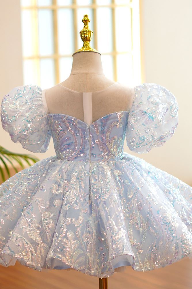 Prinzessin Wadenlang Pailletten Blumenmädchenkleider Staubigblau