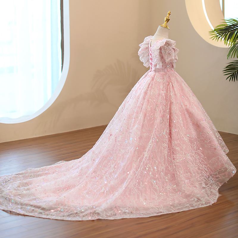 Prinzessin Runden Bodenlang Pailletten Blumenmädchenkleider in Rosa