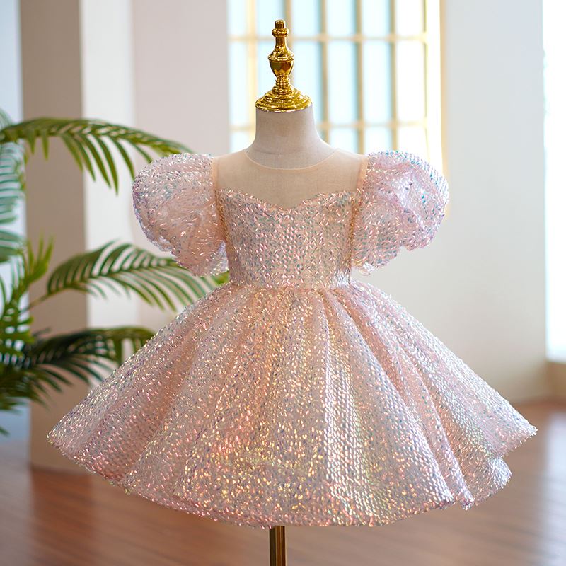 Princess Round Tea Length Sequined Flower Girl Dress Pink