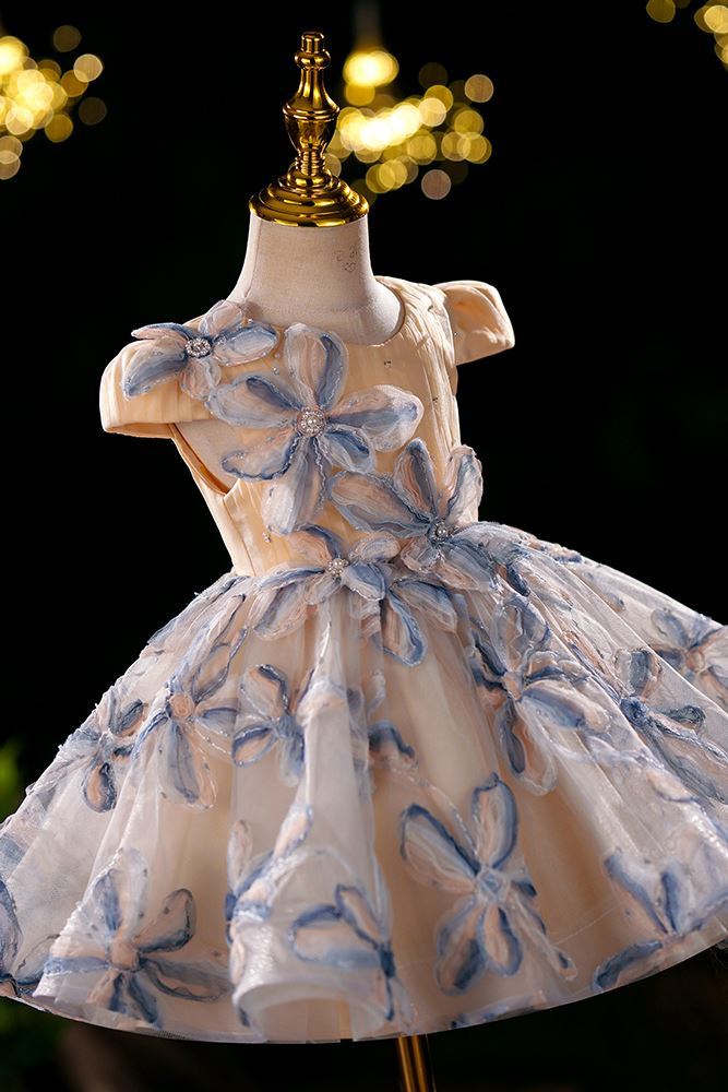 Prinzessin Runden Wadenlang Tüll Blumenmädchenkleider in Champagner