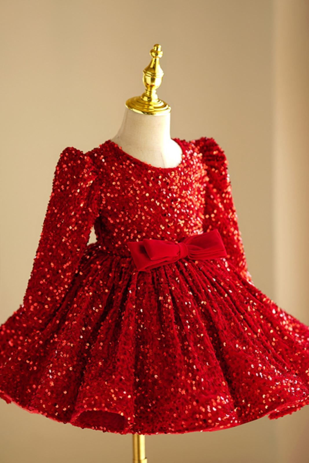 Prinzessin Runden Wadenlang Pailletten Blumenmädchenkleider Rot