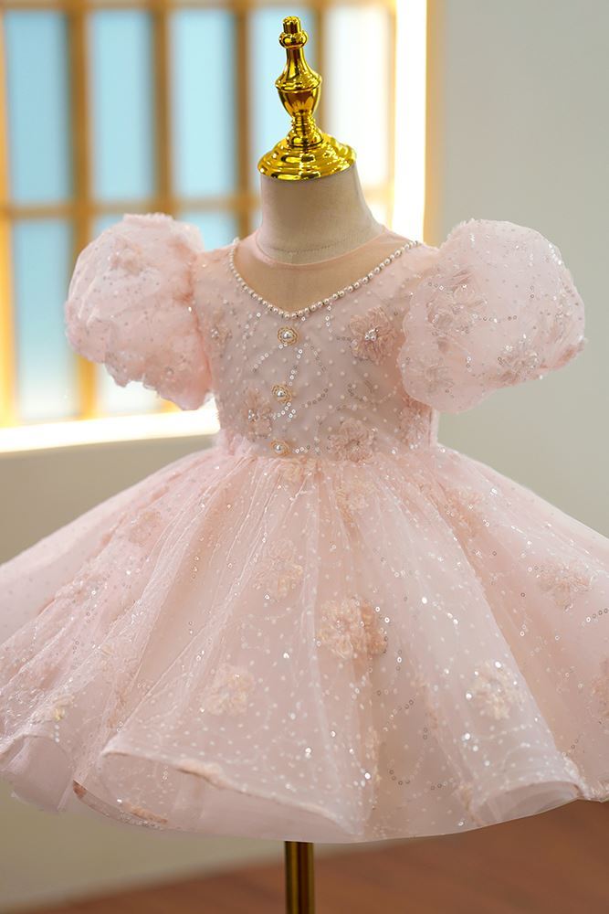 V Ausschnitt Wadenlang Pailletten Blumenmädchenkleider in Rosa