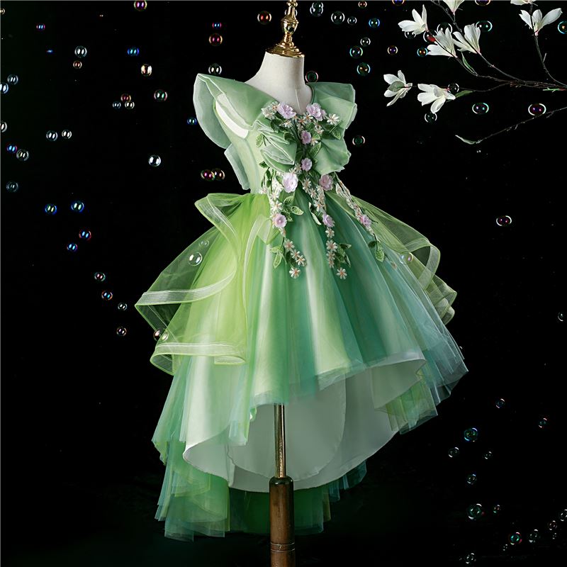 Prinzessin V Ausschnitt Bodenlang Tüll Blumenmädchenkleider in Grün