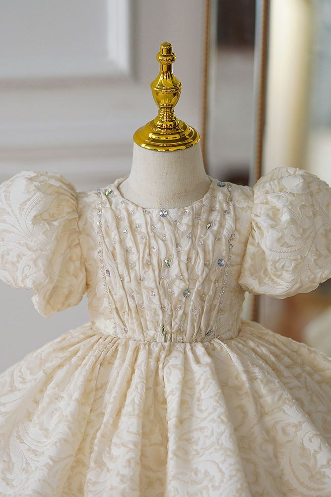 Prinzessin Runden Wadenlang Satin Blumenmädchenkleider in Champagner