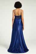 Navy Satin Gown with Sweetheart Neckline Strappy Back and High Slit