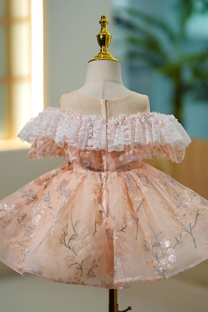 Prinzessin Scoop Tüll Blumenmädchenkleider in Champagner