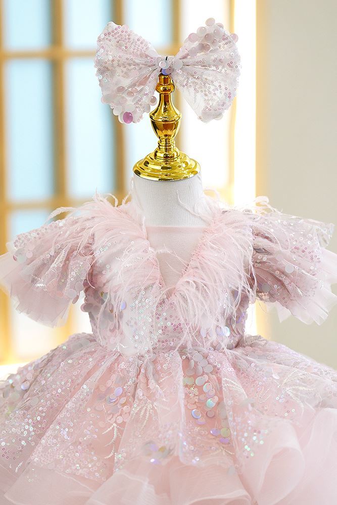 Prinzessin V Ausschnitt Wadenlang Pailletten Blumenmädchenkleider Rosa