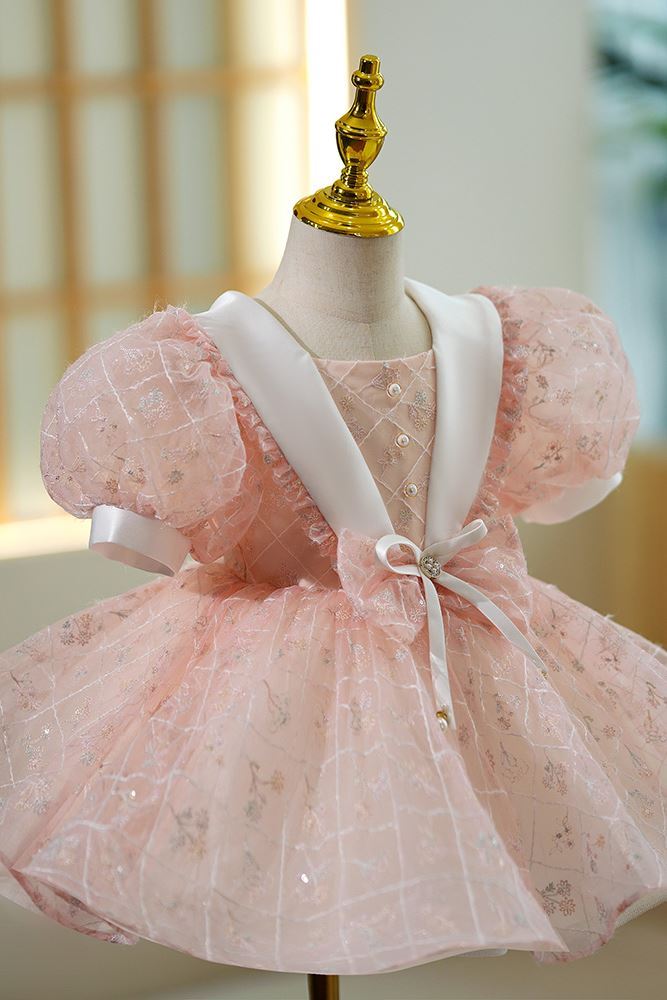 Prinzessin Scoop Wadenlang Spitze Blumenmädchenkleider in Rosa