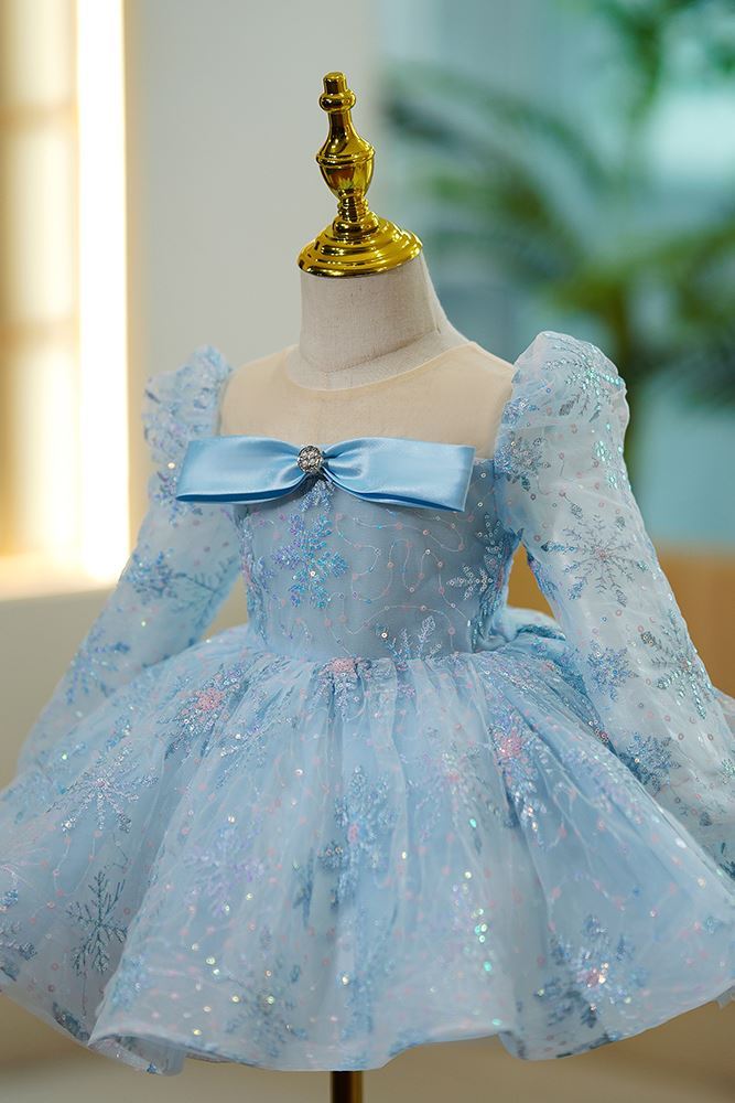 Prinzessin Runden Wadenlang Tüll Blumenmädchenkleider in Blau