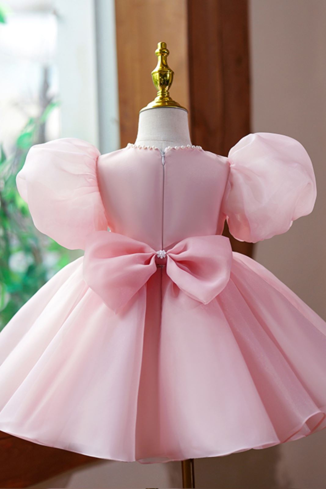 Prinzessin Juwelenhals Wadenlang Organza Blumenmädchenkleider in Rosa