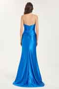 Cowl Neck A-Line Maxi Dress with Waist Pleats and Leg Slit