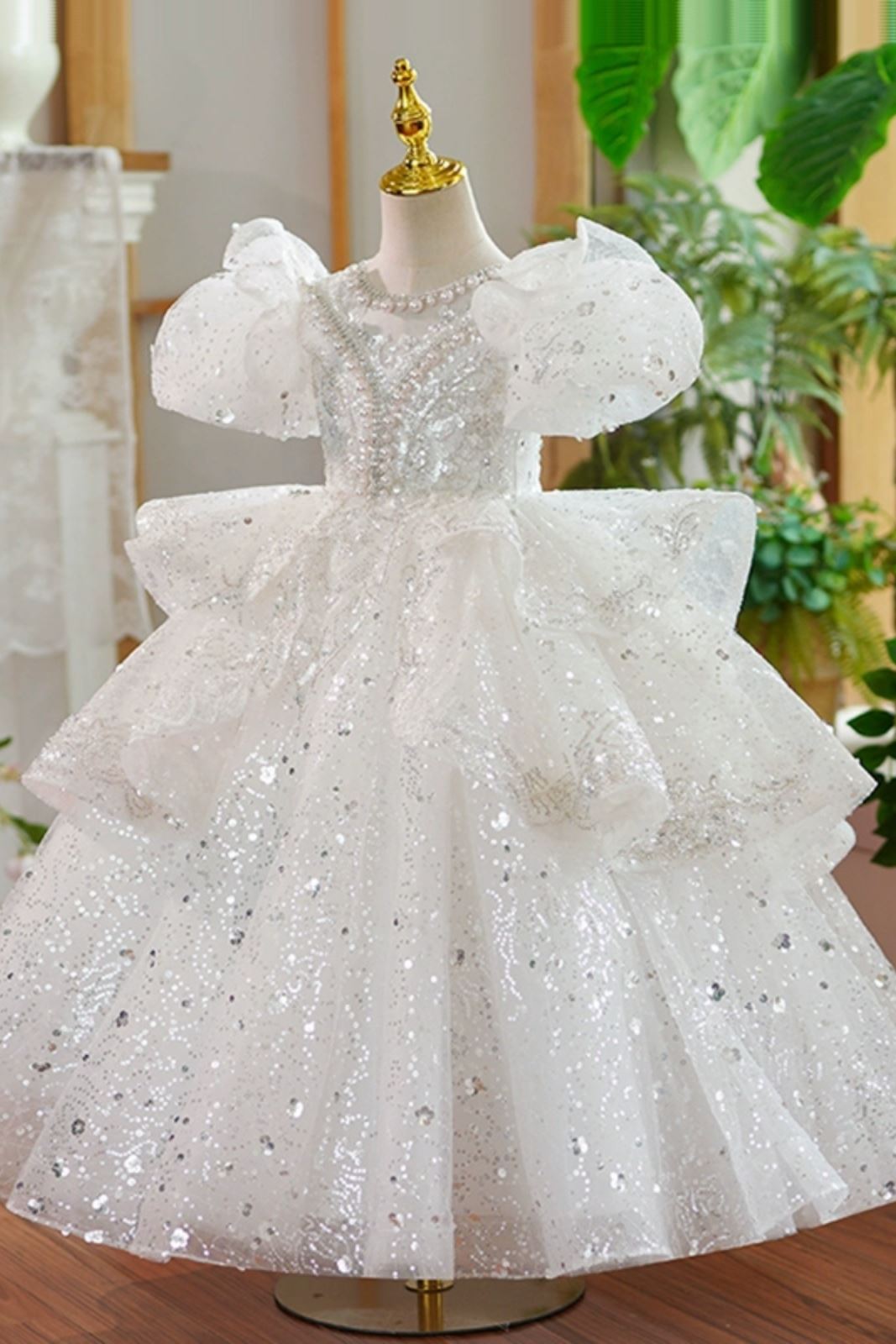 Prinzessin Bodenlang Pailletten Blumenmädchenkleider in Weiß