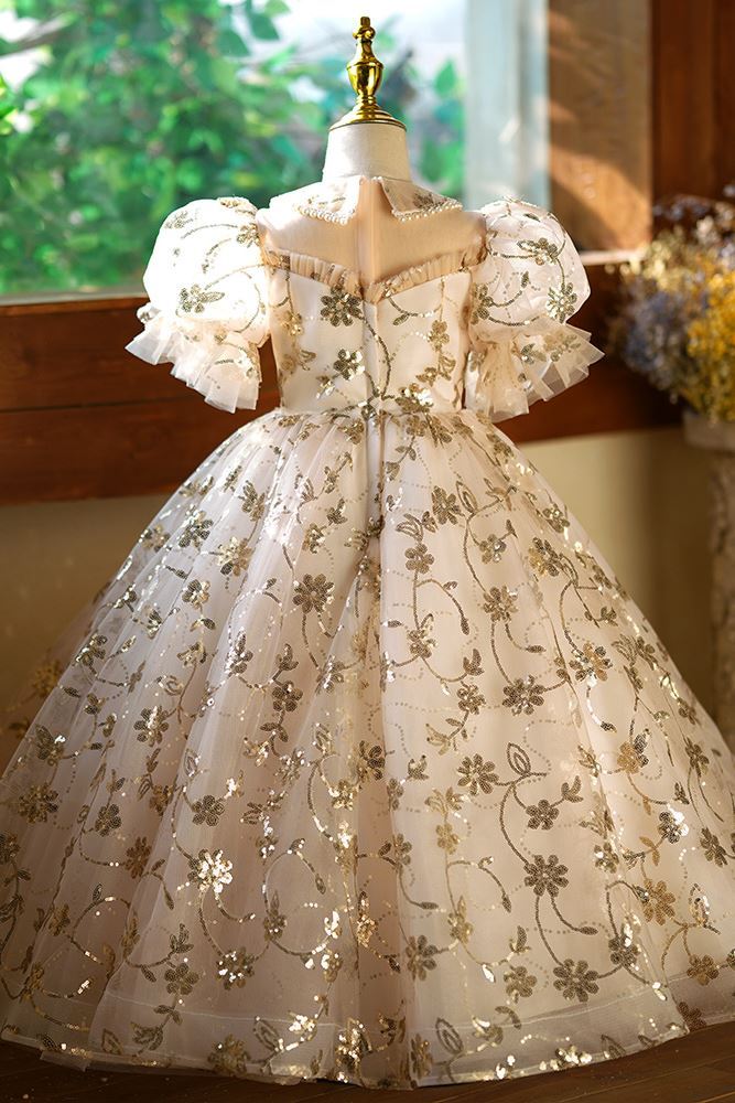 Принцесса Полная Длина Sequined Детские Платья in Шампанского цвета