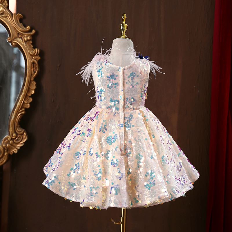 A-Linie Wadenlang Pailletten Blumenmädchenkleider in Champagner