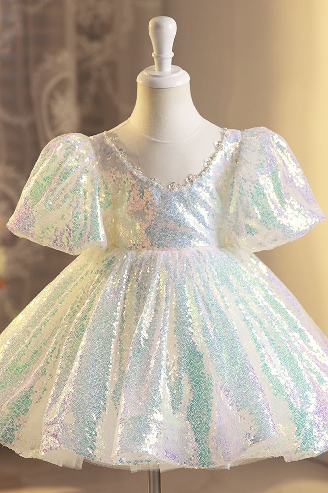 Princesse courte Pailleté robes de demoiselle d'honneur - fillette in Blanc