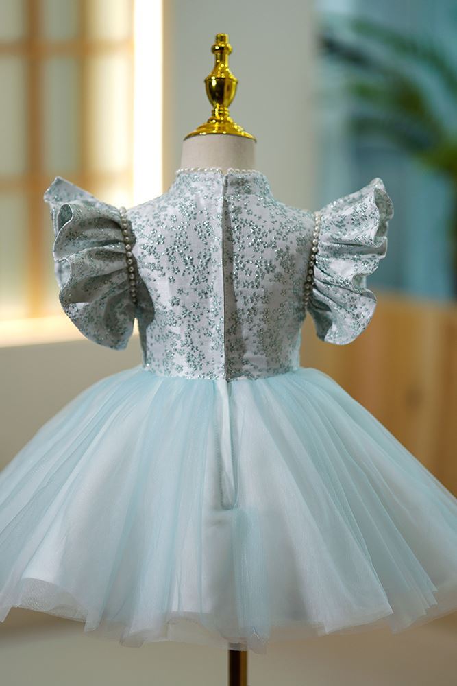 Prinzessin Juwelenhals Wadenlang Satin Blumenmädchenkleider in Blau