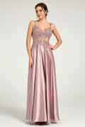 V-Neck Beaded Floral Bustier Lace-Up Satin Maxi Formal Dress