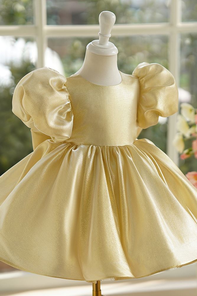 Runden Wadenlang Satin Blumenmädchenkleider in Gold