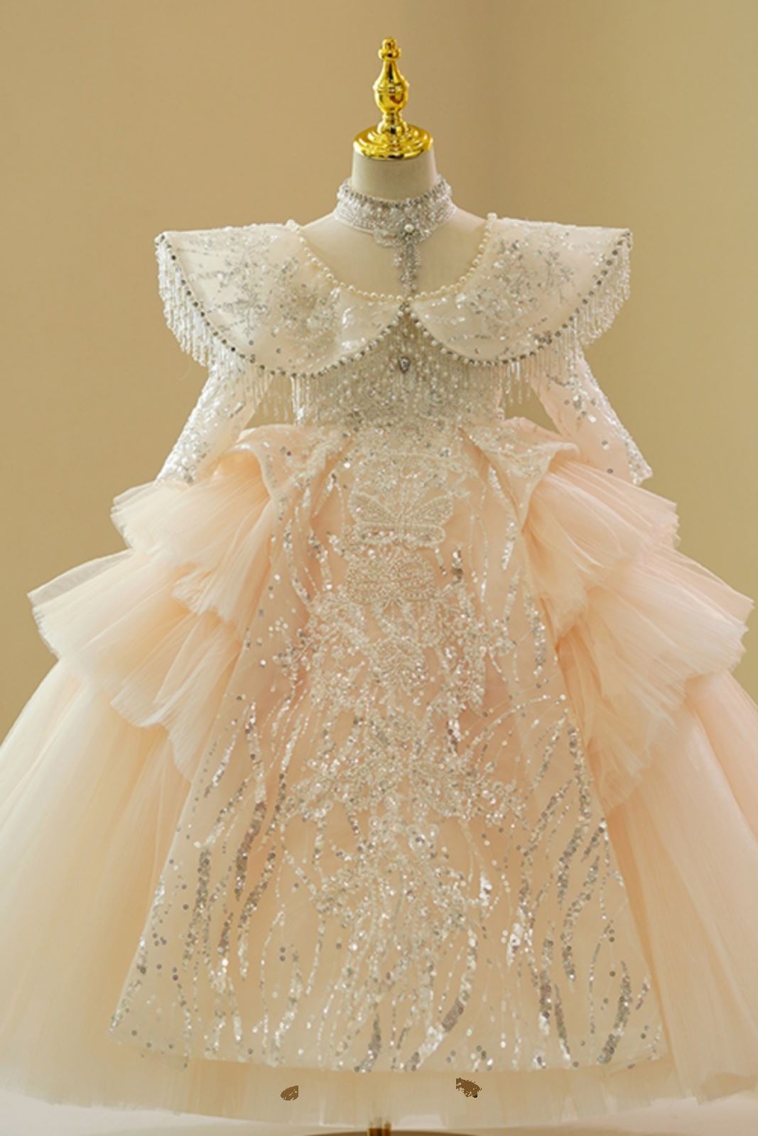 Prinzessin Bodenlang Tüll Blumenmädchenkleider in Champagner