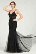 Schwarzes V-Ausschnitt Meerjungfrau Tüll Maxikleid mit Pailletten