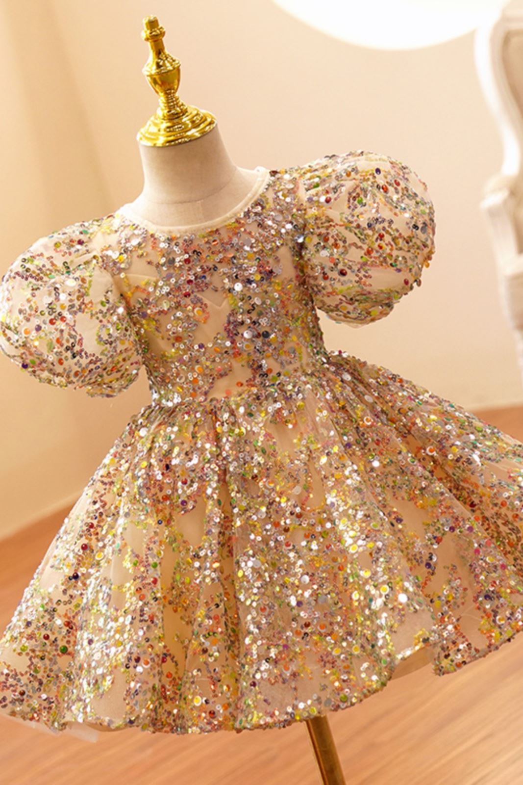 Prinzessin Runden Wadenlang Pailletten Blumenmädchenkleider Gold