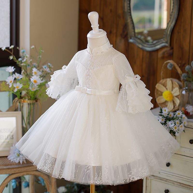 Prinzessin Stehkragen Wadenlang Spitze Blumenmädchenkleider in Weiß