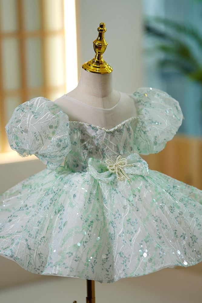 Prinzessin Scoop Wadenlang Pailletten Blumenmädchenkleider in Minzgrün