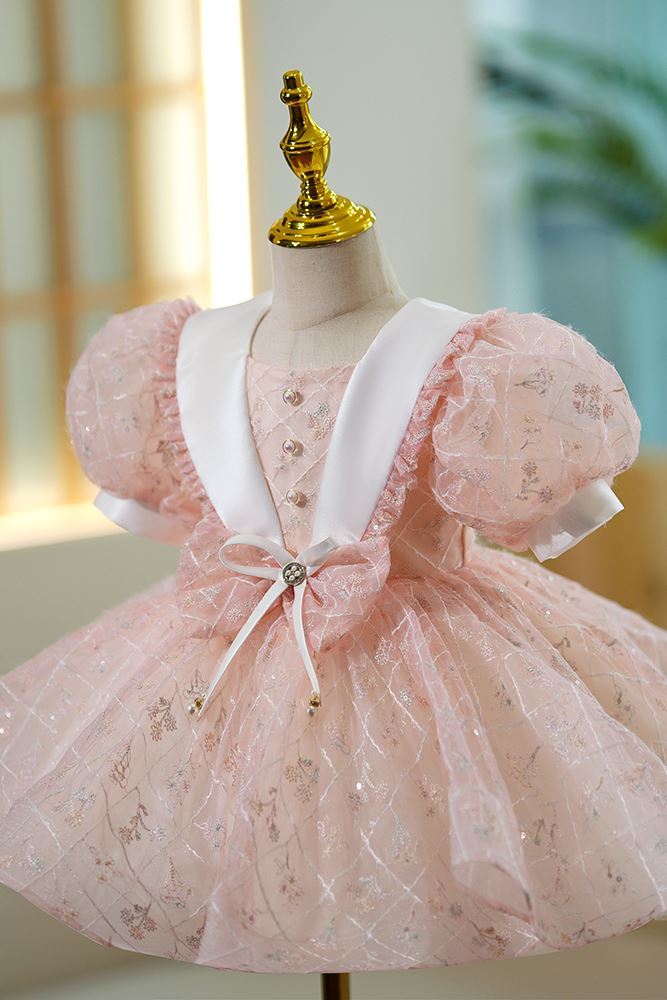 Prinzessin Scoop Wadenlang Spitze Blumenmädchenkleider in Rosa