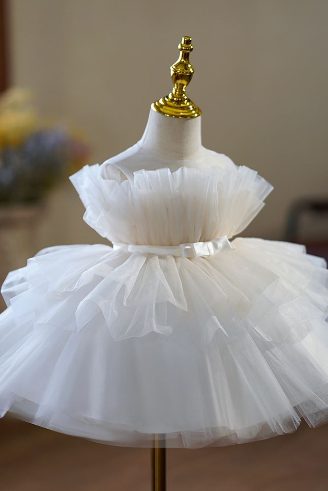 Prinzessin Runden Wadenlang Tüll Blumenmädchenkleider Weiß