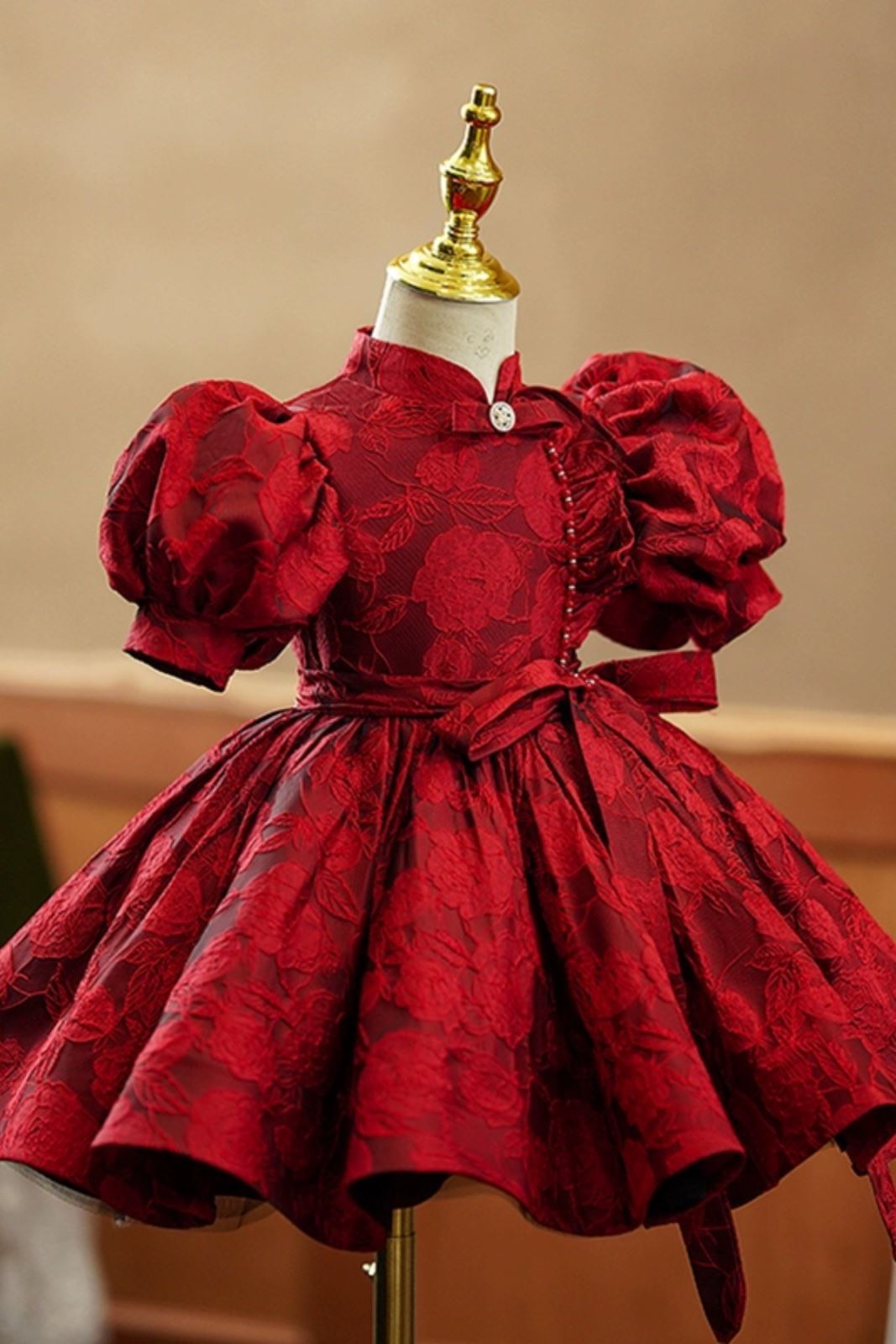 Princess Mock Neck Tea Length Satin Flower Girl Dress Burgundy