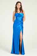 Cowl Neck A-Line Maxi Dress with Waist Pleats and Leg Slit
