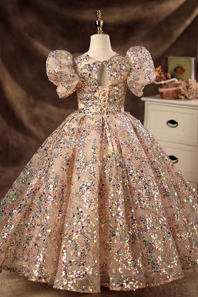 Prinzessin Runden Bodenlang Pailletten Blumenmädchenkleider Champagner