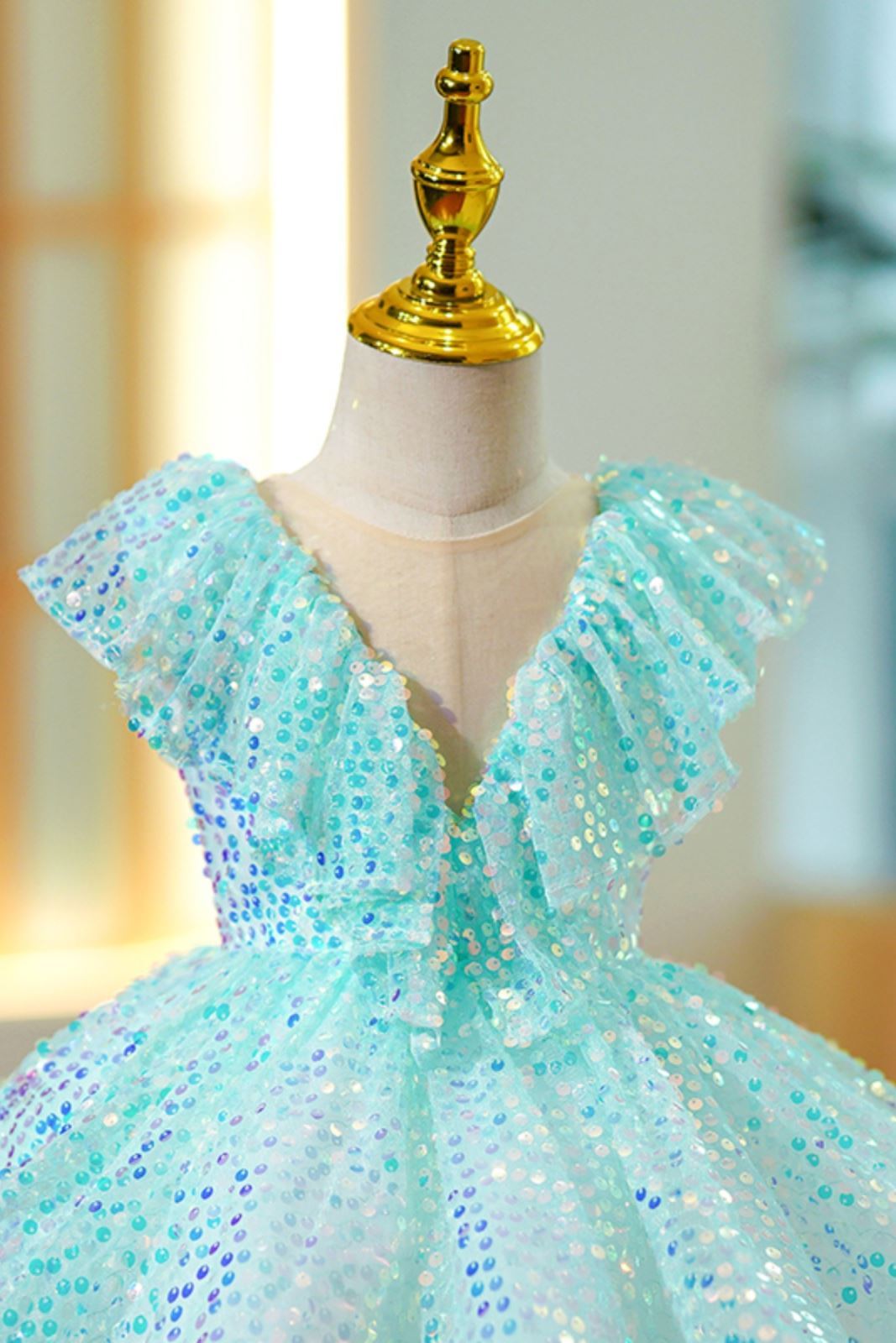 Prinzessin Wadenlang Pailletten Blumenmädchenkleider in Minzgrün