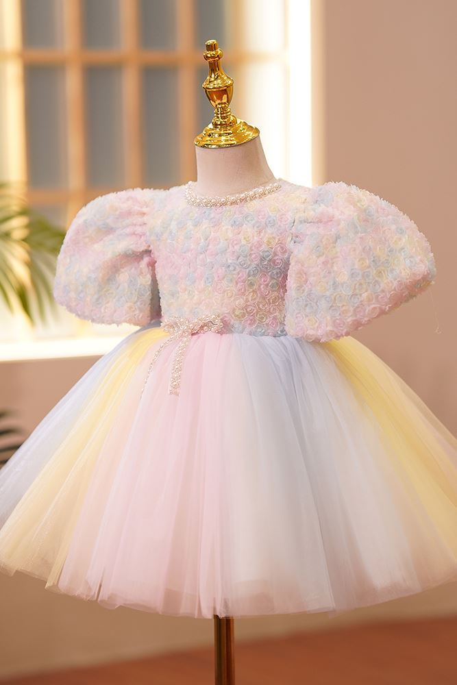 Prinzessin Runden Wadenlang Tüll Blumenmädchenkleider Farbenreich