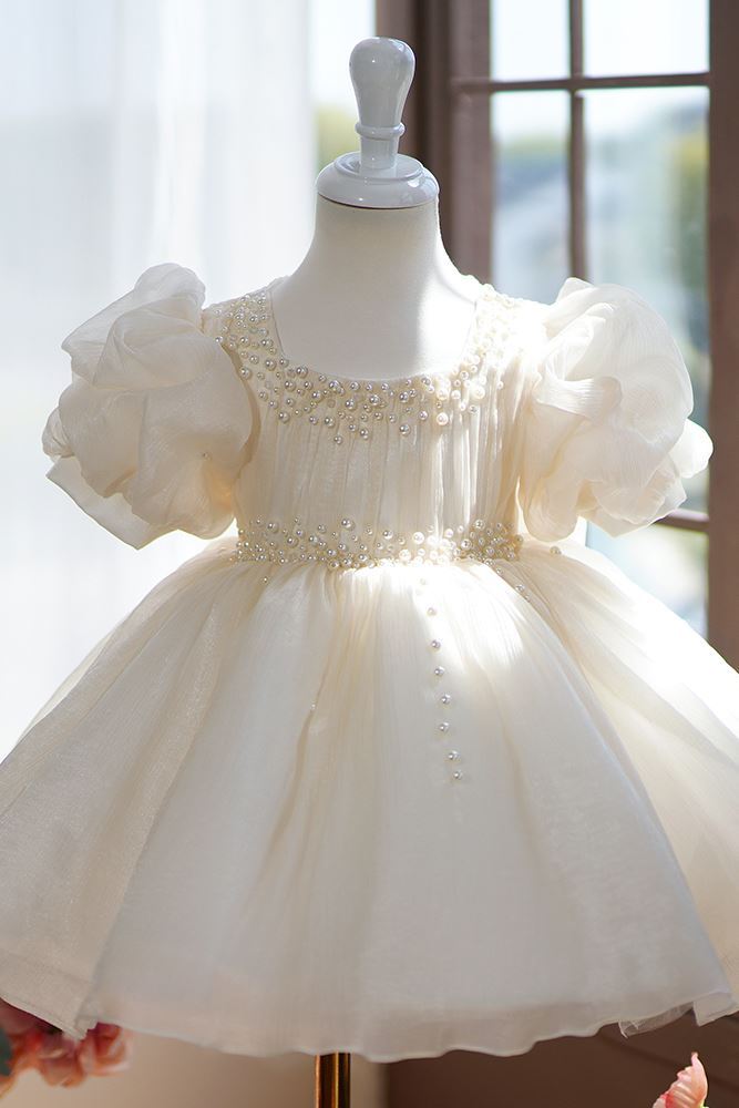 Prinzessin Wadenlang Organza Blumenmädchenkleider in Champagner