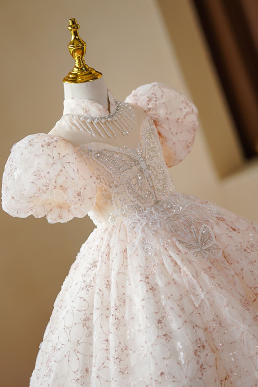 Prinzessin Bodenlang Pailletten Blumenmädchenkleider in Champagner