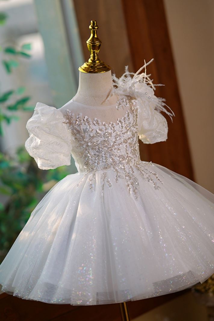 Prinzessin Runden Spitze Blumenmädchenkleider Weiß